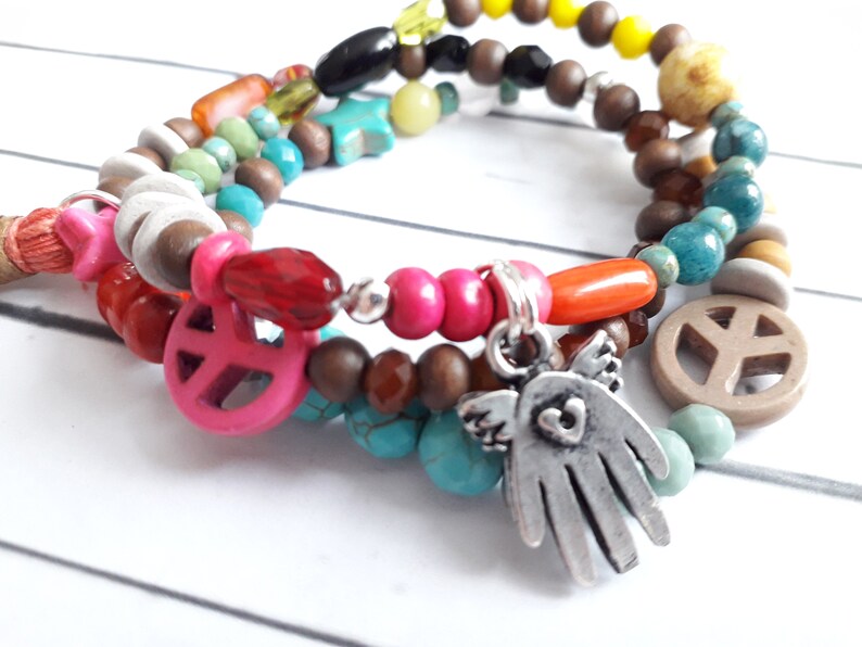 Colorful funky begging bracelet Hamsa Hand Peace hippie boho UNIKAT