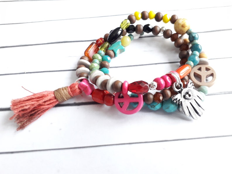 Colorful funky begging bracelet Hamsa Hand Peace hippie boho UNIKAT