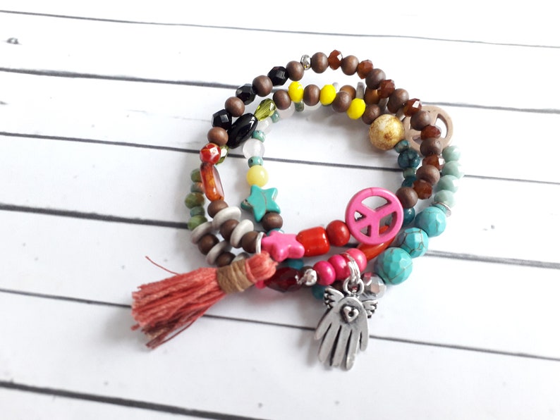 Colorful funky begging bracelet Hamsa Hand Peace hippie boho UNIKAT