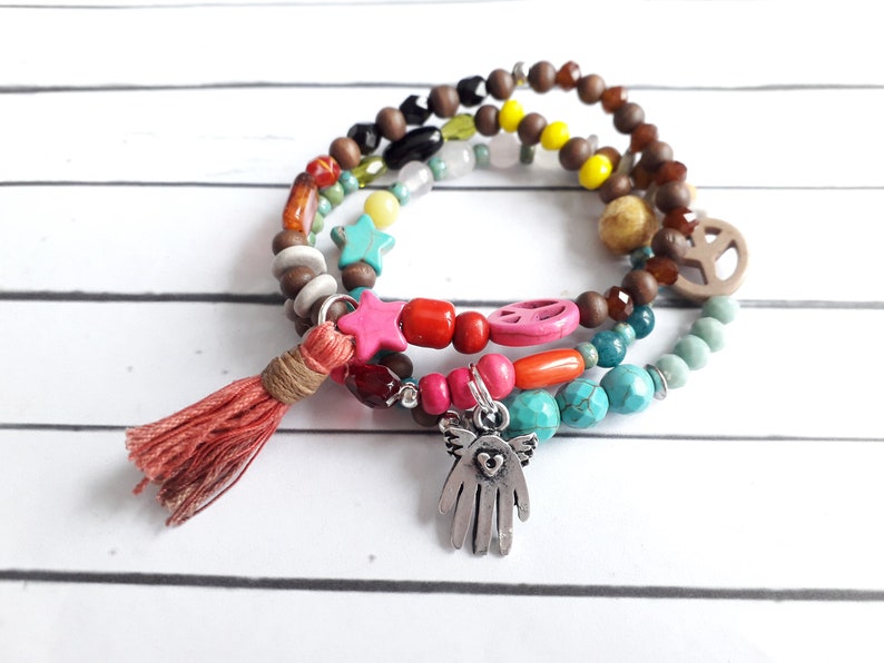 Colorful funky begging bracelet Hamsa Hand Peace hippie boho UNIKAT