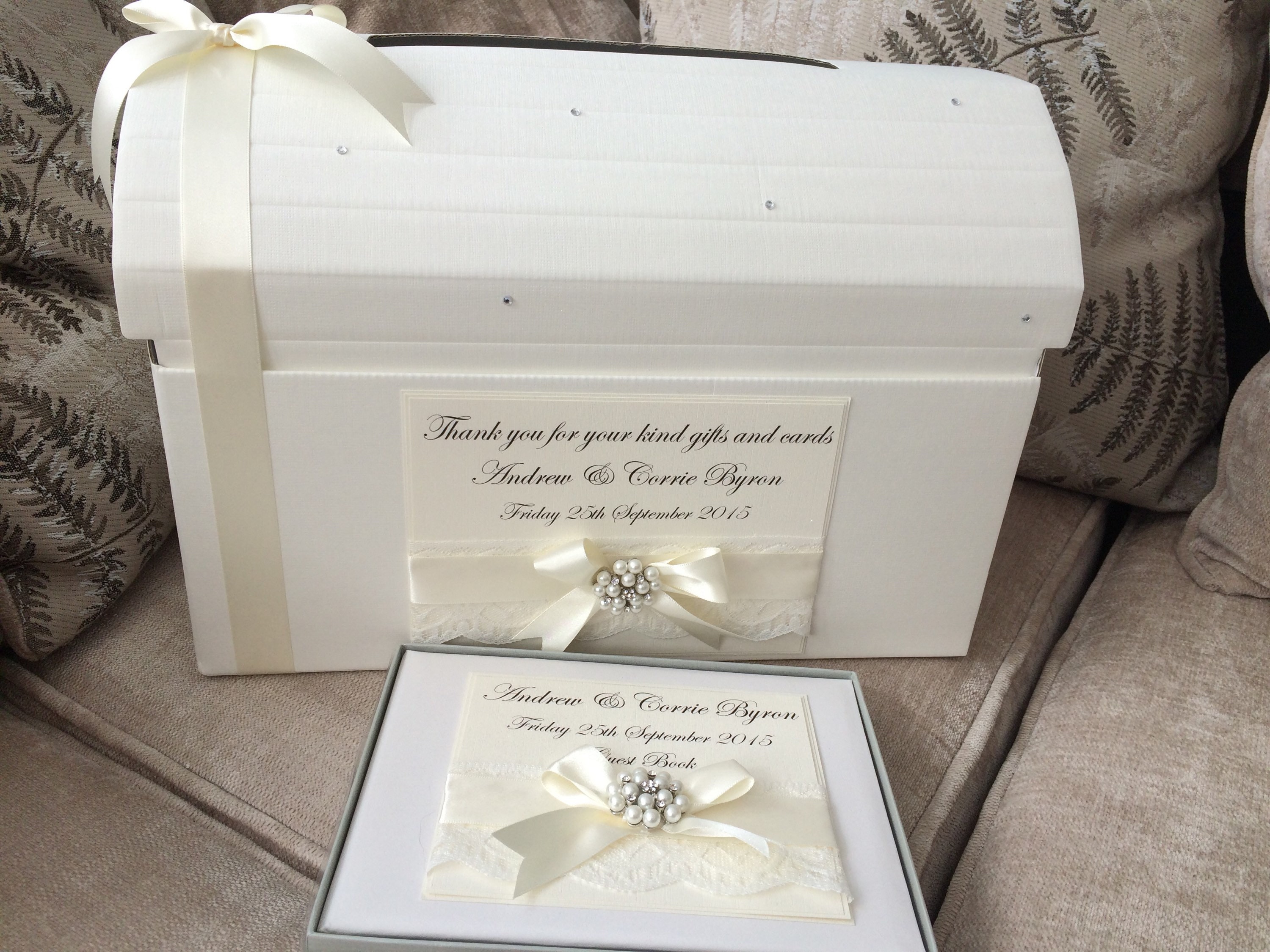 Personalised Vintage Pearl Wedding Guest Book and matching wedding Chest Post Box