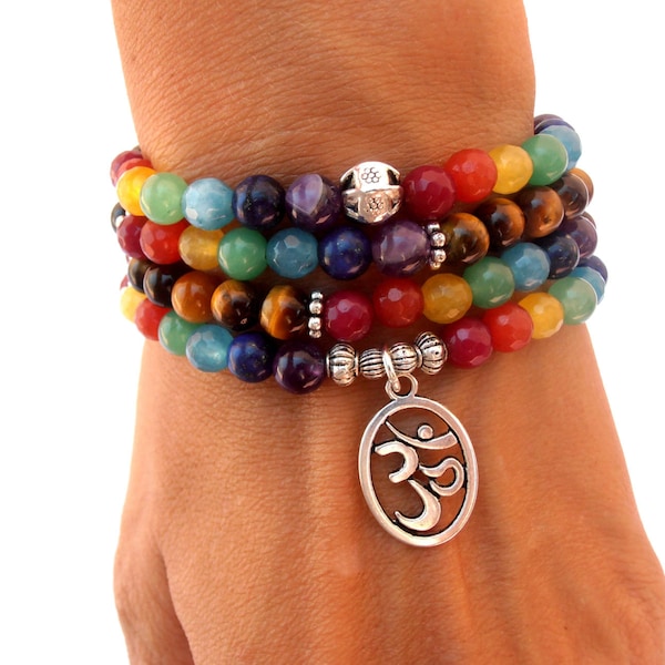 Chakra 108 Mala wrap bracelet or necklace, 7 Chakra bracelet, Mala bracelet, Om bracelet,Yoga bracelet, Meditation bracelet