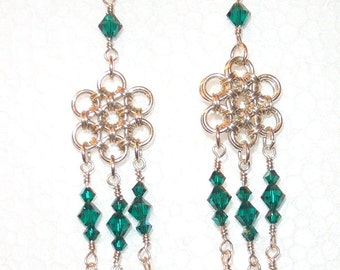 Sterling Chainmaille Earrings - Emerald Swarovski Bicones