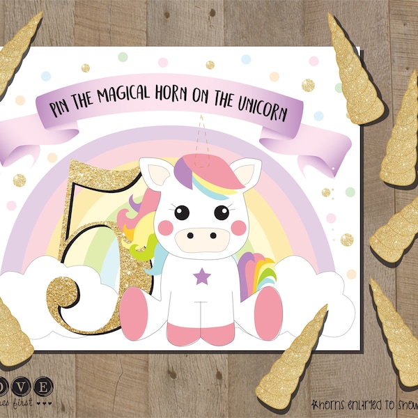 Pin The Horn on the Unicorn - Printable Game - Customize childs AGE - Unlimited Gold Horns - gold glitter rainbow girl birthday typographic