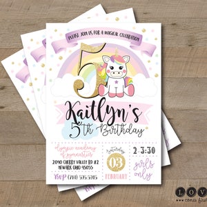 Unicorn Birthday Invitation Prints with Envelopes or Printable rainbow with gold glitter accent, girl girly subway art typographic font image 1