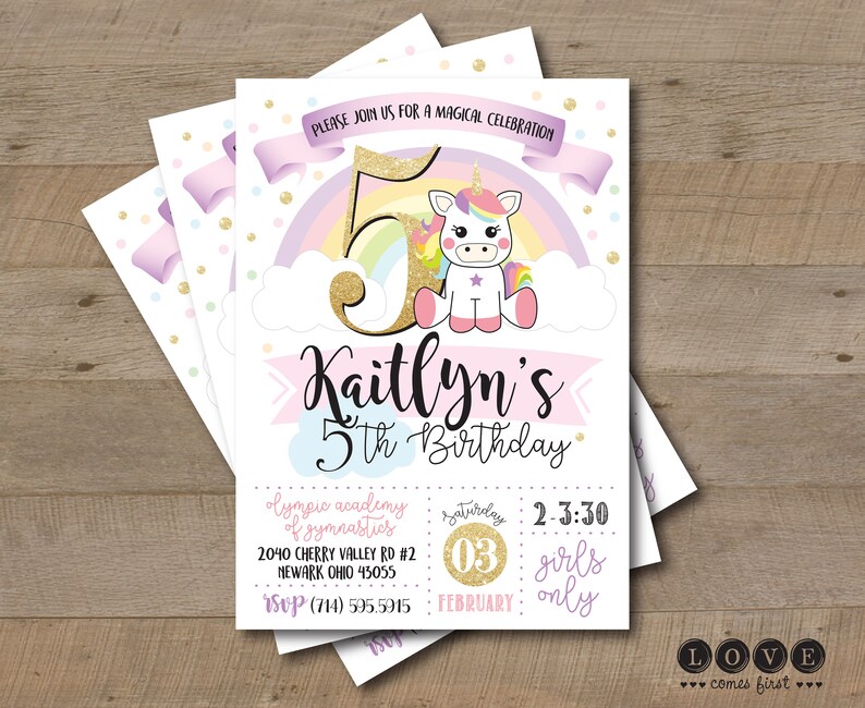 Unicorn Birthday Invitation Prints with Envelopes or Printable rainbow with gold glitter accent, girl girly subway art typographic font image 1