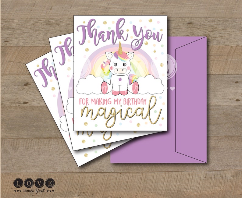 Unicorn Birthday Invitation Prints with Envelopes or Printable rainbow with gold glitter accent, girl girly subway art typographic font image 4