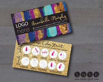 Personalized Business Cards - Street Business Card - Peacock Nail Polish Brushstrokes Gold Glitter - Purple Blue Gold Black Unique Custom