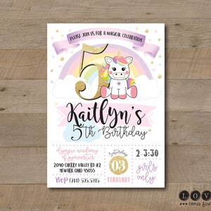 Unicorn Birthday Invitation Prints with Envelopes or Printable rainbow with gold glitter accent, girl girly subway art typographic font image 3