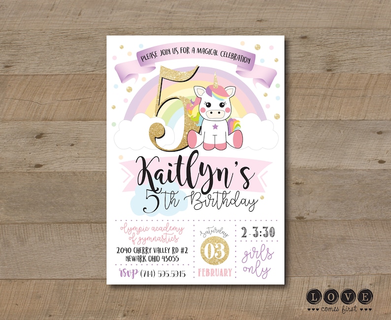 Unicorn Birthday Invitation Prints with Envelopes or Printable rainbow with gold glitter accent, girl girly subway art typographic font image 3