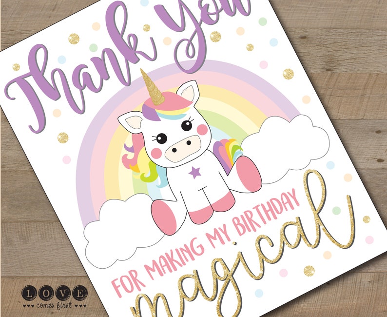 Unicorn Birthday Invitation Prints with Envelopes or Printable rainbow with gold glitter accent, girl girly subway art typographic font image 5