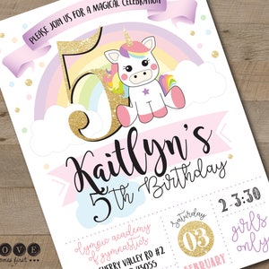 Unicorn Birthday Invitation Prints with Envelopes or Printable rainbow with gold glitter accent, girl girly subway art typographic font image 2