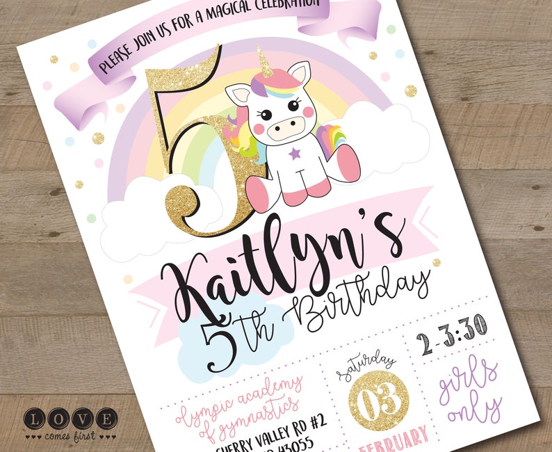Unicorn Birthday Invitation Prints with Envelopes or Printable rainbow with gold glitter accent, girl girly subway art typographic font image 2