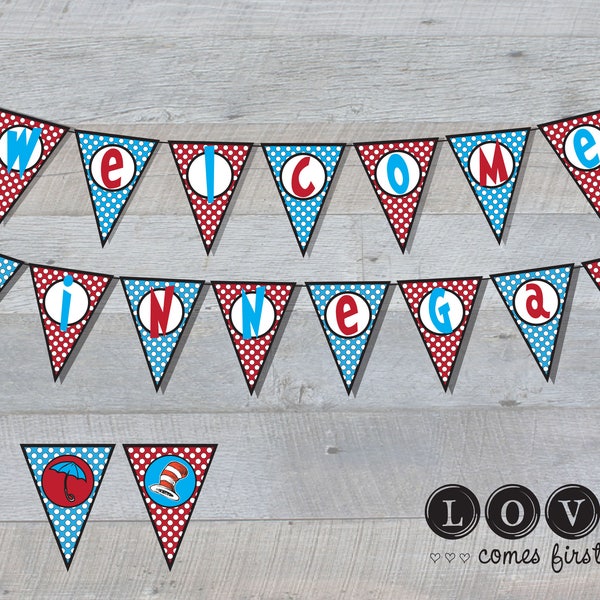 Dr Seuss Inspired Baby Shower Banner - Custom Printable - cat in the hat, dr suess, baby,flag, bunting, fun, polka dot, red, blue