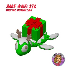 May include: A green turtle-like creature with white accents and antlers, carrying a green gift box with a red bow. The image includes the text "3MF AND STL DIGITAL DOWNLOAD" in pink.