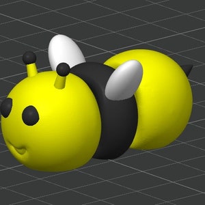 May include: A yellow and black bee with white wings. The bee has a round body and a smiling face.