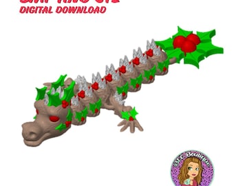 May include: A brown, stylized dragon figurine decorated with green holly leaves and red berries. The dragon has a long body and is designed for a digital download. The text "3MF AND STL DIGITAL DOWNLOAD" is in the upper left corner.