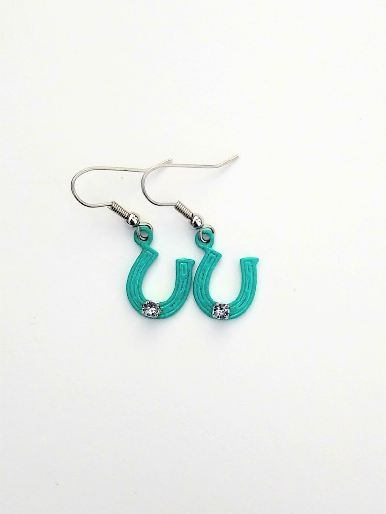 Turquoise and Rhinestone Horseshoe Earrings Horse Equestrian Etsy