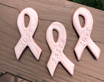 Pink Ribbons for Breast Cancer awareness, magnets or ornaments, stoneware pottery