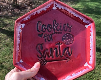 Cookies For Santa, handmade Red pottery Plate, Christmas