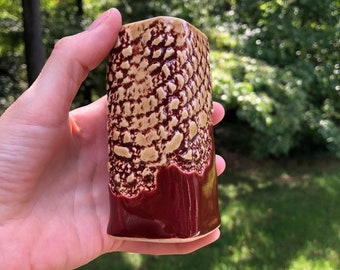 Handmade Square Pottery Bud Vase, Red, Lace