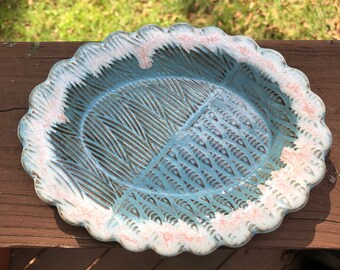 Handmade Blue Pottery Plate with Fish & Waves