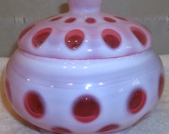 Vintage Fenton Opalescent Cranberry Glass Coin Dot Candy Dish Powder Jar W/ Lid
