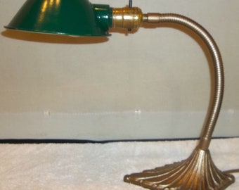 Lámpara de escritorio industrial de banqueros de cuello de cisne ajustable flexible de hierro fundido antiguo Art Déco REFORMADO No. 3