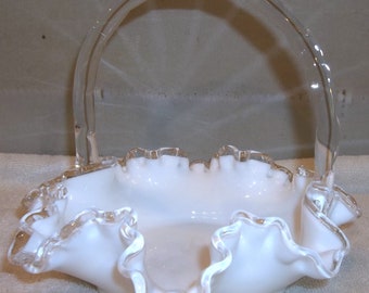 Vintage Fenton White Silver Crest Handled Glass Basket 6 3/4" H. 7 1/2" Across