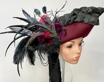 Tricorn Gothic Hat with feathers / Feather Hat / Ladies Hat with veil / black and red