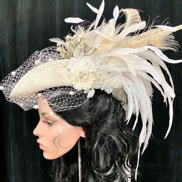 Wig hat / Women's Hat / Tricorn / Wedding Jewelry / White