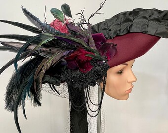 Tricorn Gothic Hat With Feathers / Feather Hat / Ladies Hat
