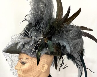 Rare Vintage Hat With Mesh Veil and Feather in Grey - Etsy display picture 2