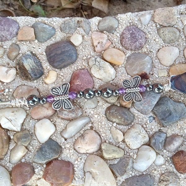 Abalone Leaf with Butterfly Charm, Amethyst, and Hematite Smoke Wand, bracelet Buddy, or ATM Card Clip, Gemstone Smoke Wand and Card Clips