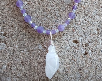 Amethyst and AB Crystal Necklace with Quartz Pendant: Beaded Jewelry Set