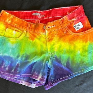 Clearance Tie  Dye Shorts, From Left to Right, Hemmed. Size 0, 0, 6, 6, 4, 10. Bottom Size 2 rainbow unhemmed.