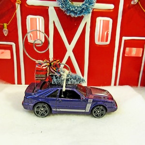 Christmas Tree Ornament-Die Cast Car-1984 Ford Mustang SVO with Miniature Tree-Collector's Item-Gift for Him-Christmas Gift