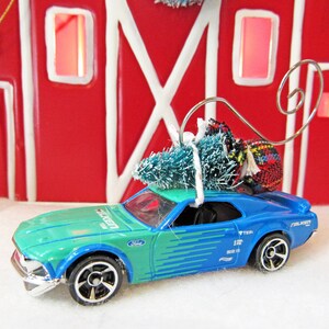 Christmas Tree Ornament-Die Cast Car-1969 Ford Mustang Boss 302 with Miniature Tree-Collector's Item-Gift for Him-Christmas Gift