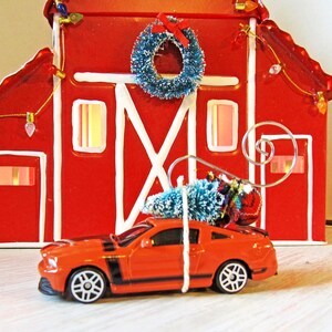 Christmas Tree Ornament-Die Cast Car-Ford Mustang Boss 302 with Miniature Tree-Collector's Item-Gift for Him-Christmas Gift