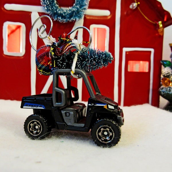 Christmas Tree Ornament-Die Cast Car- Polaris Ranger with Miniature Tree-Collector's Item-Gift for Him-Christmas Gift