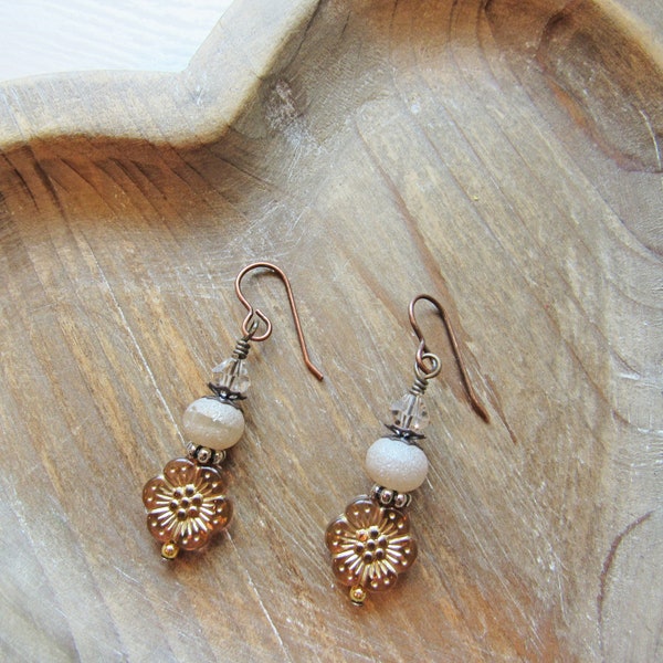 Amber Flower Czech Glass Bead- Earrings-Dangle Earrings-French Hooks-Gift for Her-Romantic-Feminine
