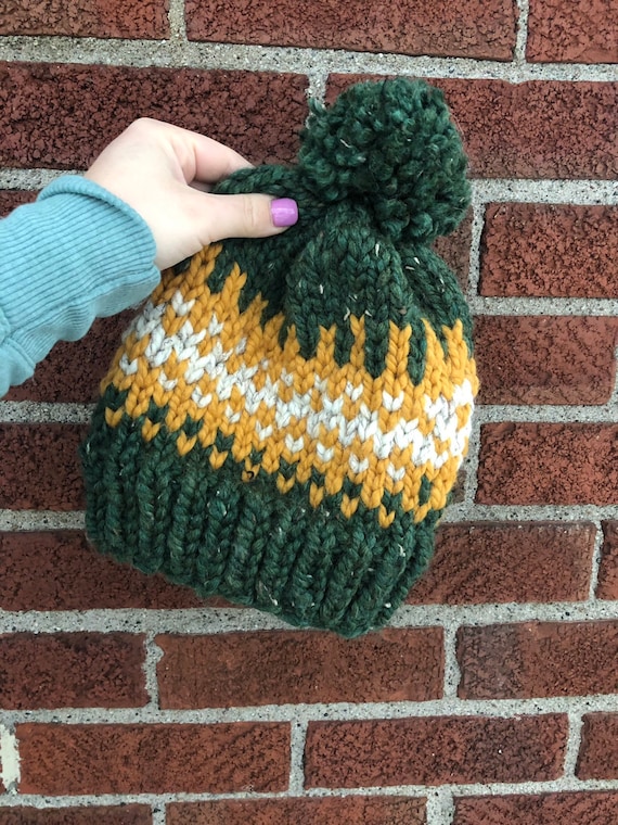 Handmade in Minnesota Spice /& Wheat Fair Isle Hearts Faux Fur Pom Slouchy Chunky Knit Winter Beanie Valentine/'s Day Women/'s Warm Hat