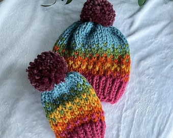 Rainbow Mommy and Me Hat // Baby Winter Hat//  Chunky Knit // Unisex Hat // Mommy and Me matching Hat