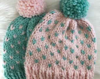 Chunky Fair Isle Knit Hat // Pom Pom Wool Heart Beanie // Small Knit Heart Hat // Toque Heart Hat //