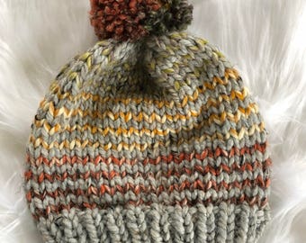 Stripped Theme Beanie / Mixed Wool Knit Toque / Knit Pom Pom Hat / Chunky Yarn Fall Theme Hat