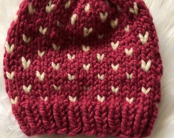 Fair Isle Hat // Knit Heart Beanie // Chunky Knit Hat // Heart Hat // Hats for Women // Hats for Kids