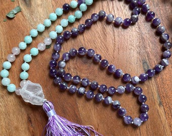Meditation Yoga Jewelry // Calm and Clarity Crystal Mala // Amethyst, Amazonite, Rose Quartz & Quartz Tassel Necklace