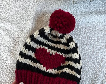Valentine Knit Hat// Hat Fair Isle Handknitted Hat // Chunky  Little Heart Hat // Beanie Winter Hat //Women Hat // Ski  Hat // Beanie