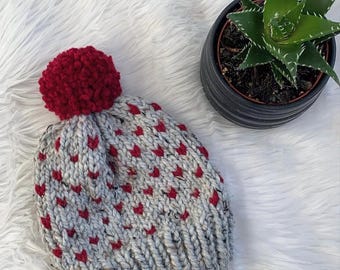 Adult Hat Fair Isle Handknitted Hat // Chunky  Little Heart Hat // Beanie Winter Hat //Women Hat // Ski  Hat // Beanie // Valentine Hat