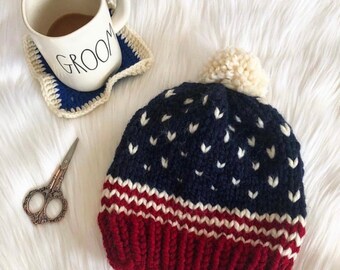 Patriotic Knit Hat // Red,White and Blue  Handknitted Hat // Chunky  Little Heart Hat // Beanie Winter Hat //Women Hat // Ski  Hat // Beanie